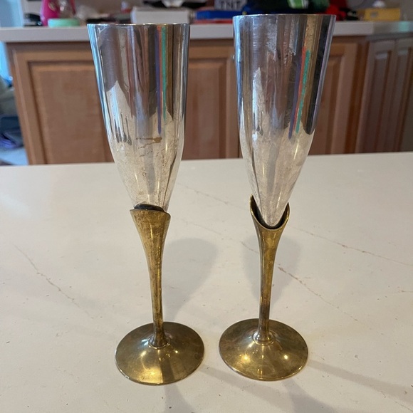 Vintage Two Tone Gold and Silver Brass  Champagne Flutes By Maurice Duchin Inc - Picture 7 of 7